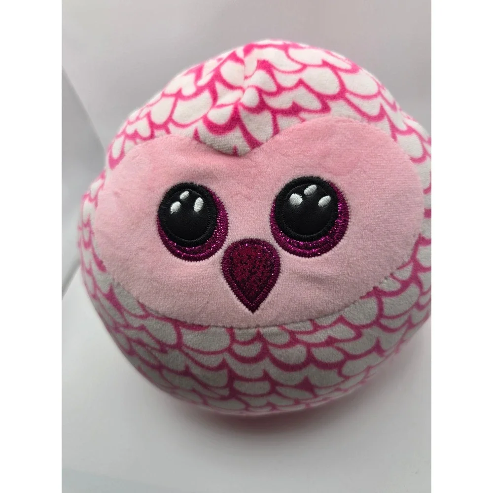 Ty Squish-a-Boos Pinky the Owl Pink White Scalloped Plush 9 Inch Round Toy